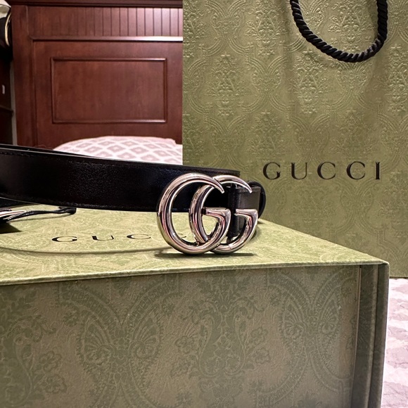 Gucci Accessories - Gucci Marmont Thin Black Silver Belt